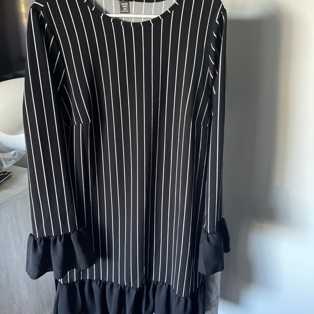 Black and White Pinstripe Dress Ruffle Sleeves